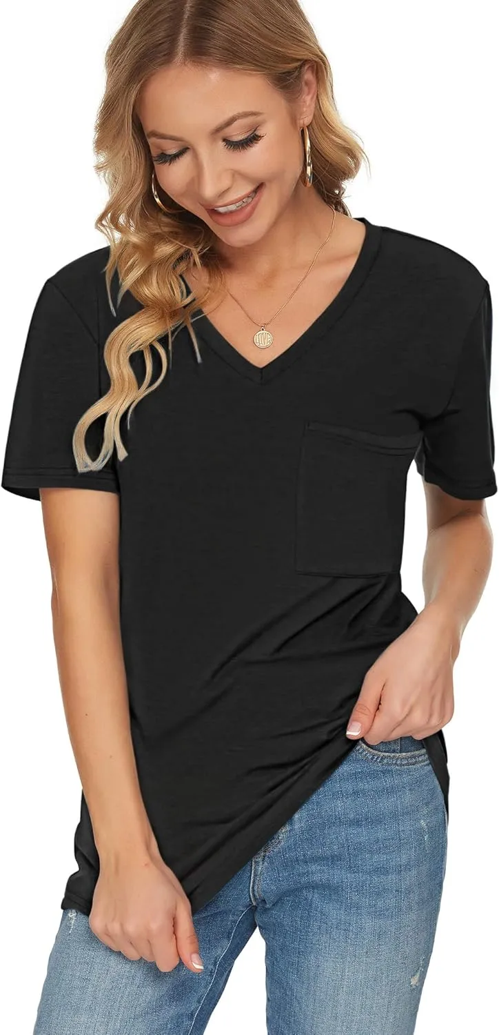 TODOLOR Womens T Shirts Short Sleeve V Neck Loose Casual Summer Tees Basic Tunic Tops with Pocket