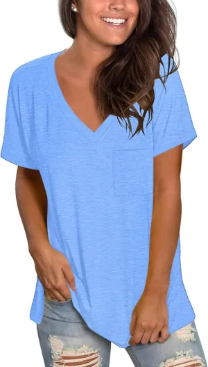 TODOLOR Womens T Shirts Short Sleeve V Neck Loose Casual Summer Tees Basic Tunic Tops with Pocket