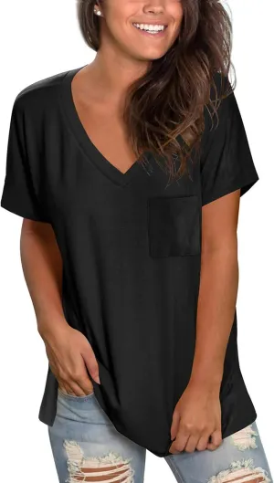 TODOLOR Womens T Shirts Short Sleeve V Neck Loose Casual Summer Tees Basic Tunic Tops with Pocket