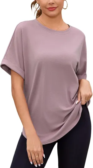 Totatuit Women Oversized Tshirts Casual Crew Neck Rolled Short Sleeve Basic Tee Shirts Cute Loose Summer Tops Workout Clothes
