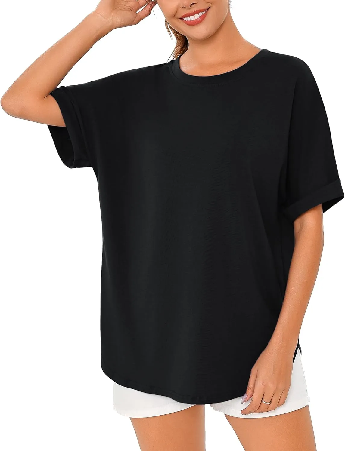 Totatuit Women Oversized Tshirts Casual Crew Neck Rolled Short Sleeve Basic Tee Shirts Cute Loose Summer Tops Workout Clothes