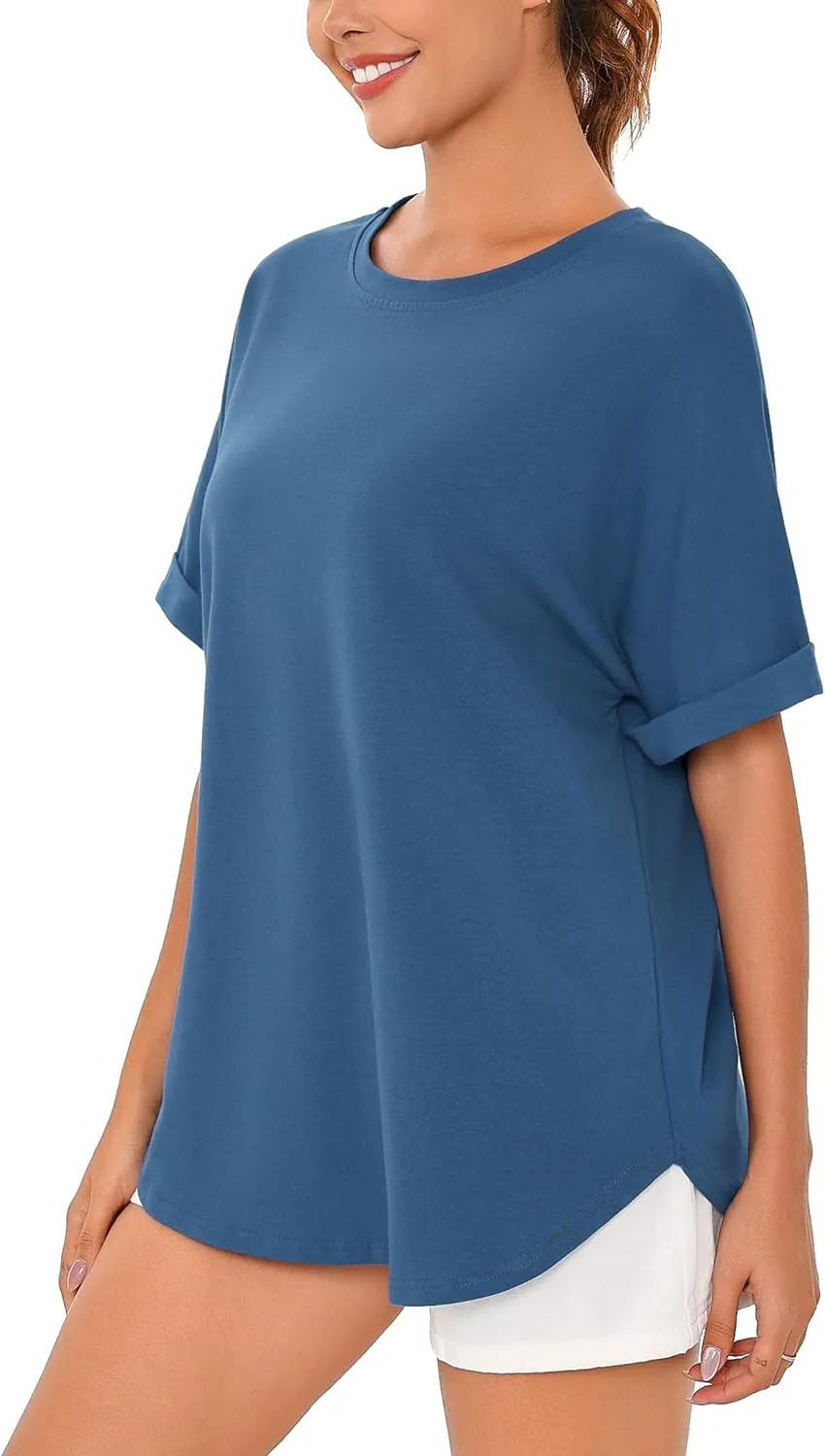 Totatuit Women Oversized Tshirts Casual Crew Neck Rolled Short Sleeve Basic Tee Shirts Cute Loose Summer Tops Workout Clothes