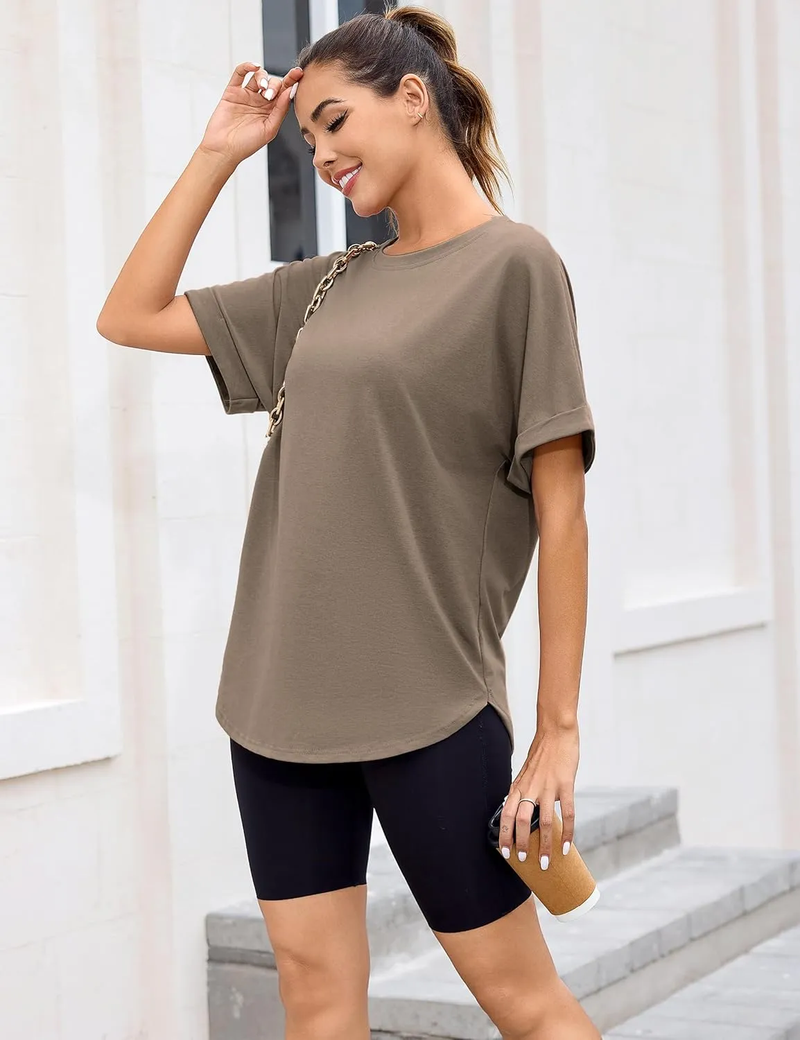 Totatuit Women Oversized Tshirts Casual Crew Neck Rolled Short Sleeve Basic Tee Shirts Cute Loose Summer Tops Workout Clothes
