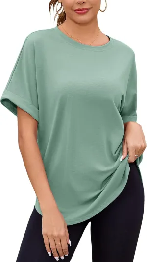 Totatuit Women Oversized Tshirts Casual Crew Neck Rolled Short Sleeve Basic Tee Shirts Cute Loose Summer Tops Workout Clothes