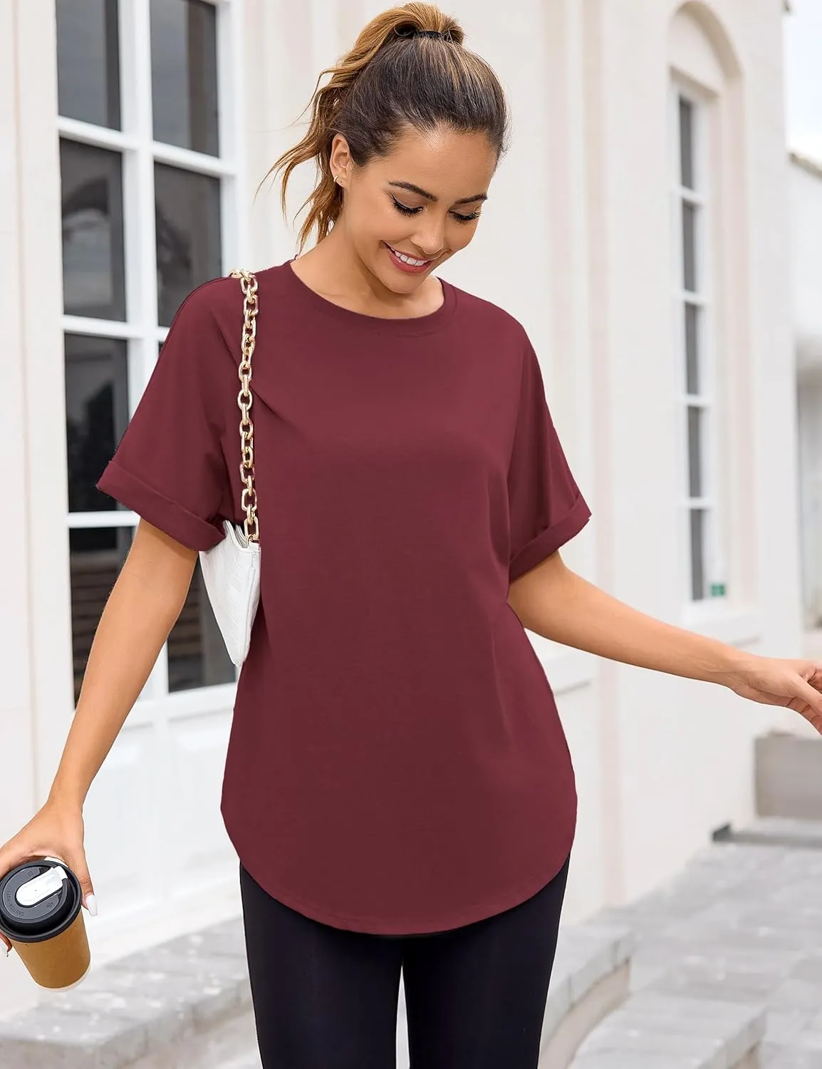 Totatuit Women Oversized Tshirts Casual Crew Neck Rolled Short Sleeve Basic Tee Shirts Cute Loose Summer Tops Workout Clothes