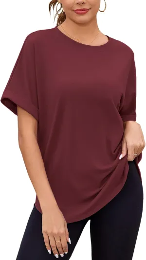 Totatuit Women Oversized Tshirts Casual Crew Neck Rolled Short Sleeve Basic Tee Shirts Cute Loose Summer Tops Workout Clothes
