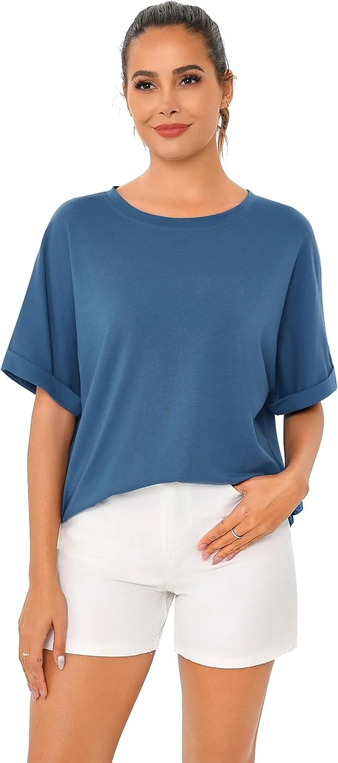 Totatuit Women Oversized Tshirts Casual Crew Neck Rolled Short Sleeve Basic Tee Shirts Cute Loose Summer Tops Workout Clothes