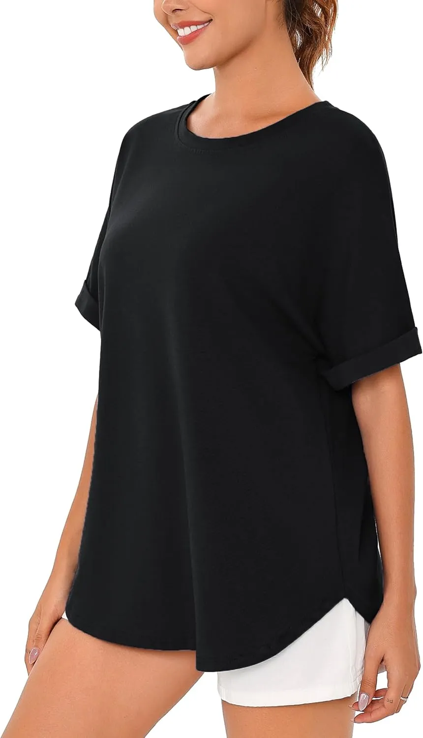 Totatuit Women Oversized Tshirts Casual Crew Neck Rolled Short Sleeve Basic Tee Shirts Cute Loose Summer Tops Workout Clothes