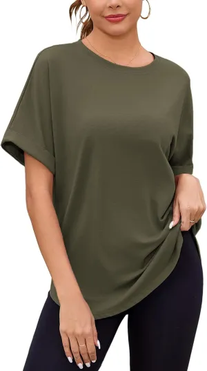 Totatuit Women Oversized Tshirts Casual Crew Neck Rolled Short Sleeve Basic Tee Shirts Cute Loose Summer Tops Workout Clothes