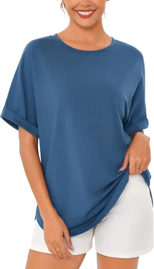 Totatuit Women Oversized Tshirts Casual Crew Neck Rolled Short Sleeve Basic Tee Shirts Cute Loose Summer Tops Workout Clothes