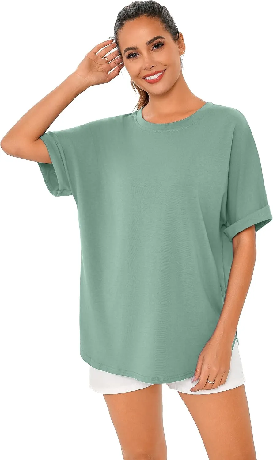 Totatuit Women Oversized Tshirts Casual Crew Neck Rolled Short Sleeve Basic Tee Shirts Cute Loose Summer Tops Workout Clothes