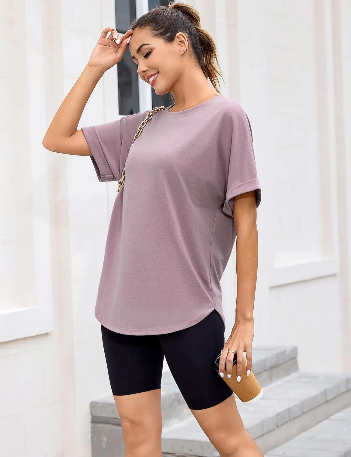 Totatuit Women Oversized Tshirts Casual Crew Neck Rolled Short Sleeve Basic Tee Shirts Cute Loose Summer Tops Workout Clothes