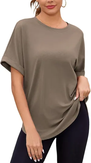 Totatuit Women Oversized Tshirts Casual Crew Neck Rolled Short Sleeve Basic Tee Shirts Cute Loose Summer Tops Workout Clothes