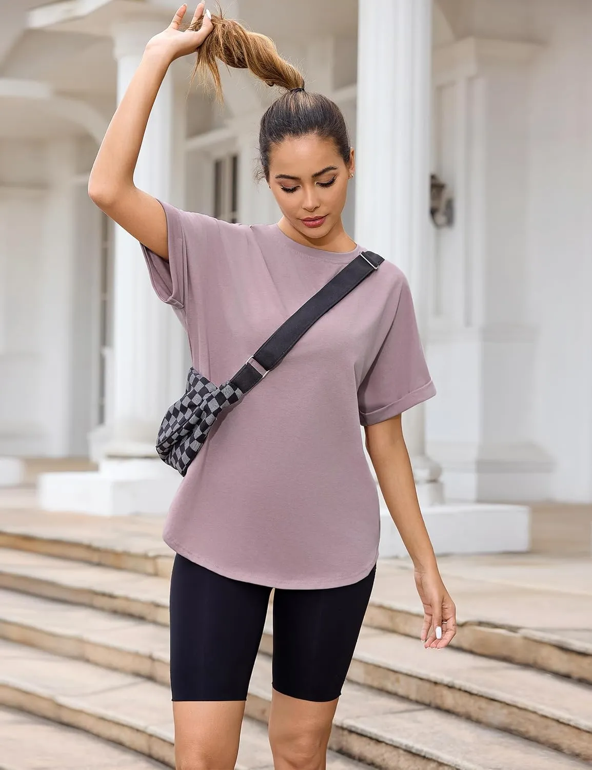 Totatuit Women Oversized Tshirts Casual Crew Neck Rolled Short Sleeve Basic Tee Shirts Cute Loose Summer Tops Workout Clothes