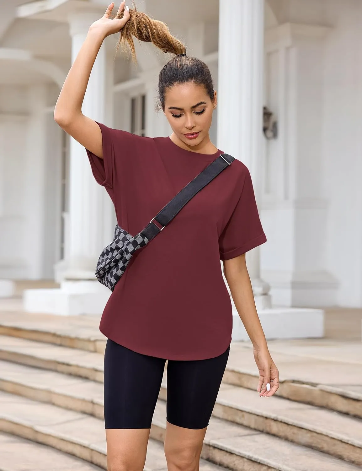 Totatuit Women Oversized Tshirts Casual Crew Neck Rolled Short Sleeve Basic Tee Shirts Cute Loose Summer Tops Workout Clothes