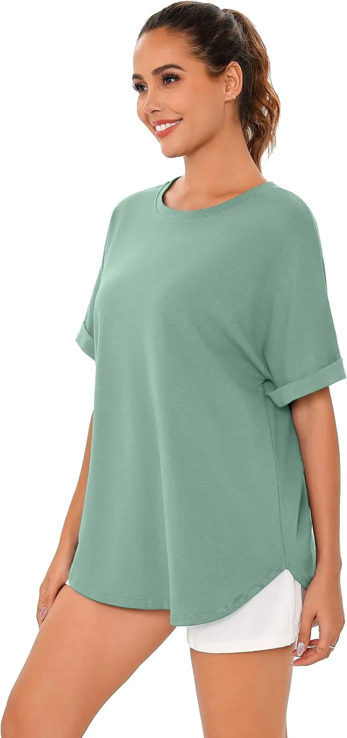 Totatuit Women Oversized Tshirts Casual Crew Neck Rolled Short Sleeve Basic Tee Shirts Cute Loose Summer Tops Workout Clothes