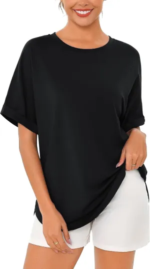 Totatuit Women Oversized Tshirts Casual Crew Neck Rolled Short Sleeve Basic Tee Shirts Cute Loose Summer Tops Workout Clothes