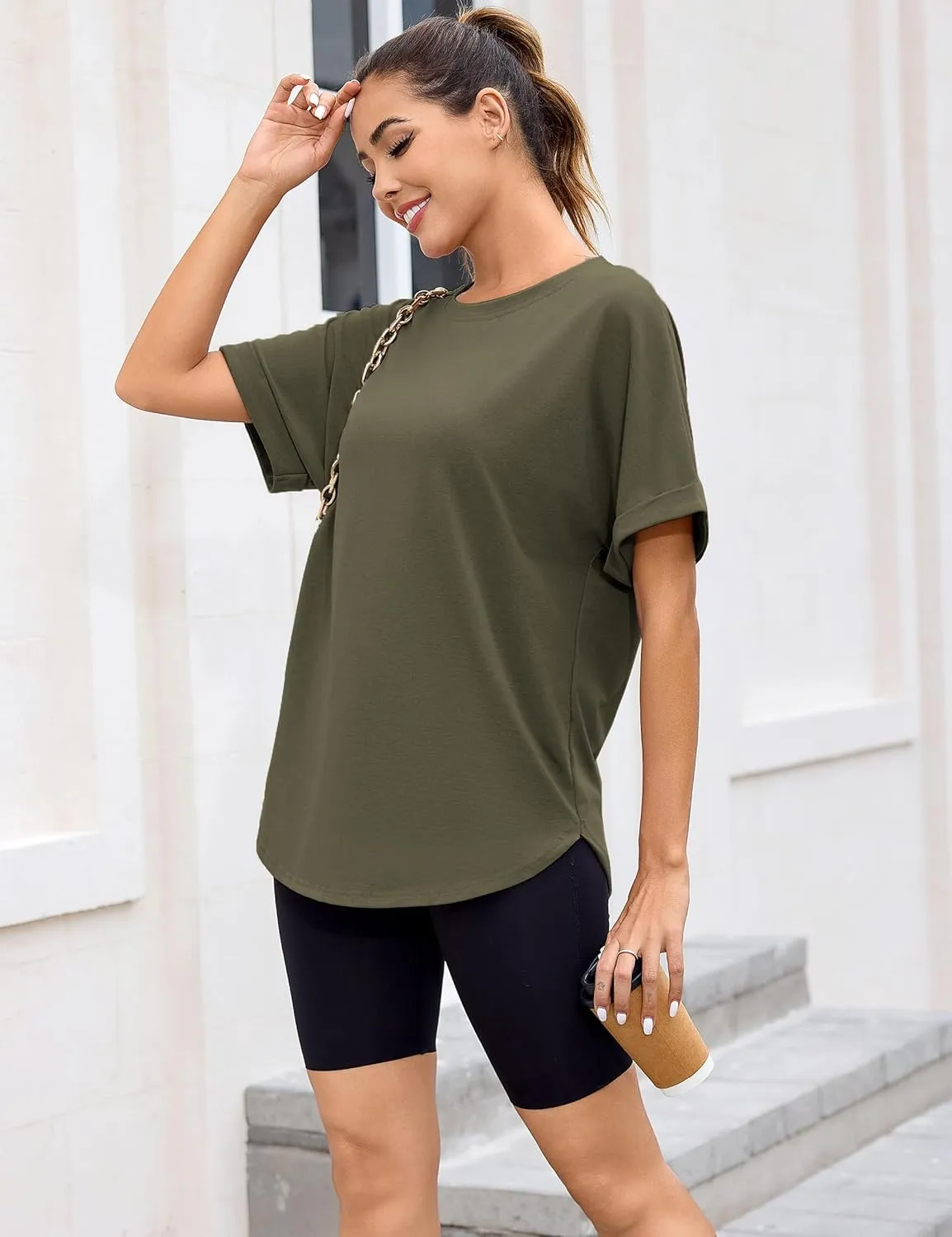 Totatuit Women Oversized Tshirts Casual Crew Neck Rolled Short Sleeve Basic Tee Shirts Cute Loose Summer Tops Workout Clothes