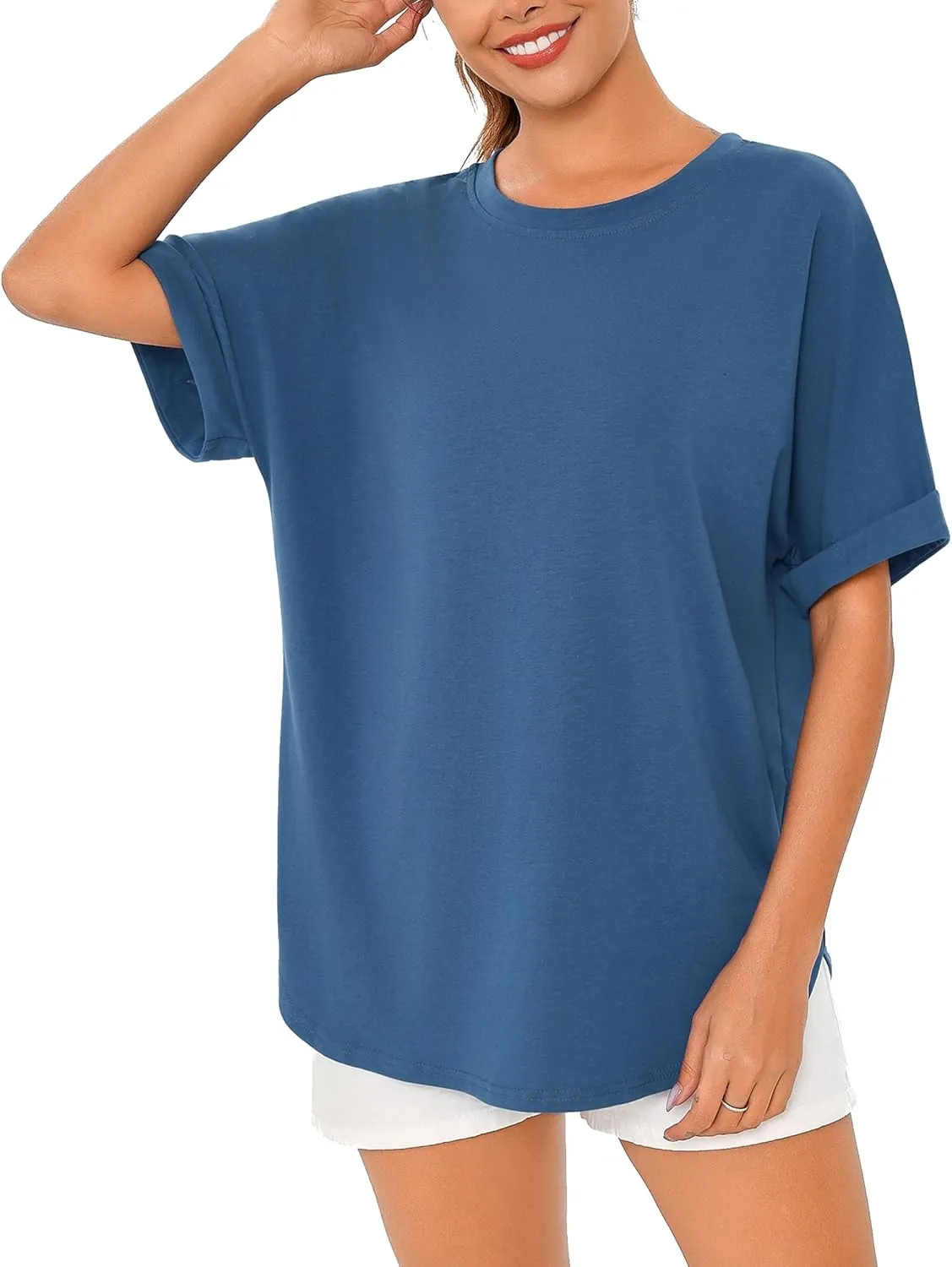 Totatuit Women Oversized Tshirts Casual Crew Neck Rolled Short Sleeve Basic Tee Shirts Cute Loose Summer Tops Workout Clothes