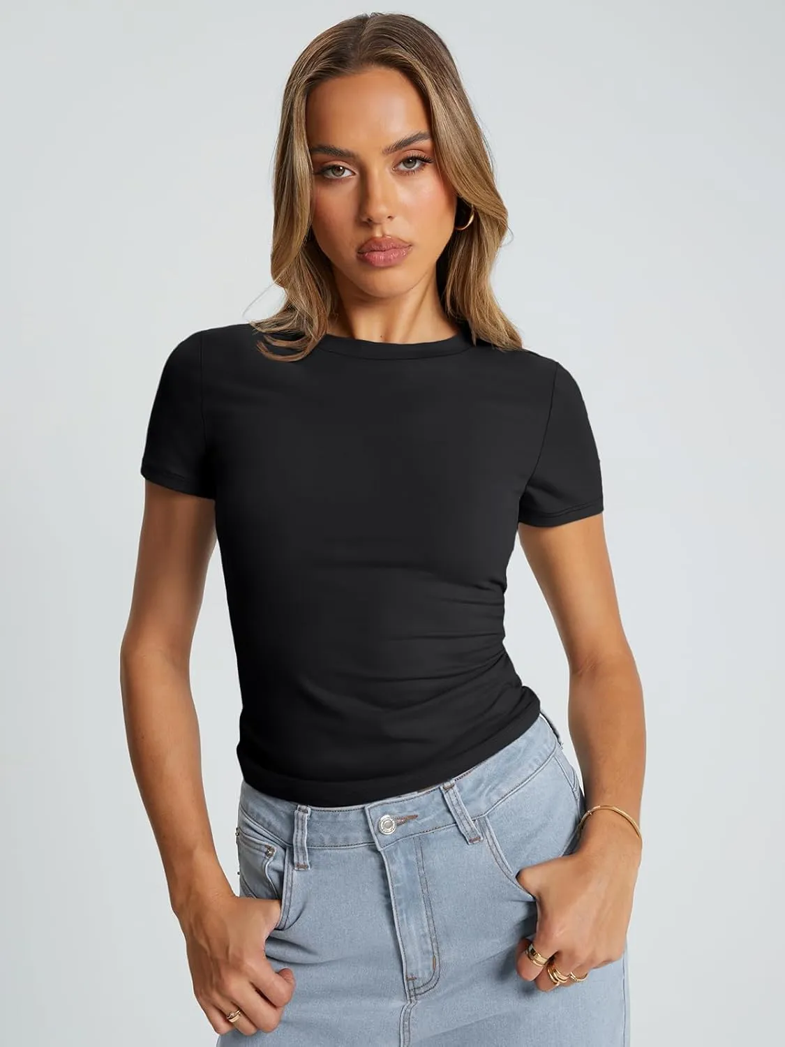 Trendy Queen Womens Basic T Shirts Summer Tops 2025 Crop Short Sleeve Slim Fit Tee Cute Gym Workout Clothes