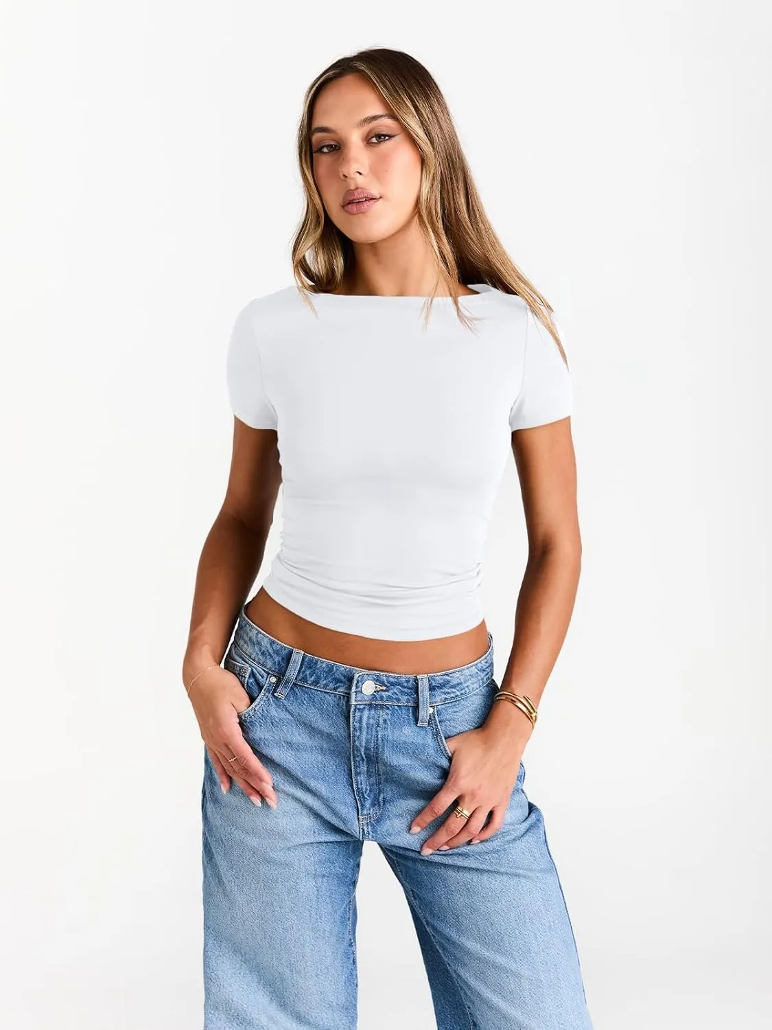 Trendy Queen Womens Boat Neck Tops Short Sleeve T-Shirts Slim Fitted Compression Summer Y2k Basic Clothes 2025