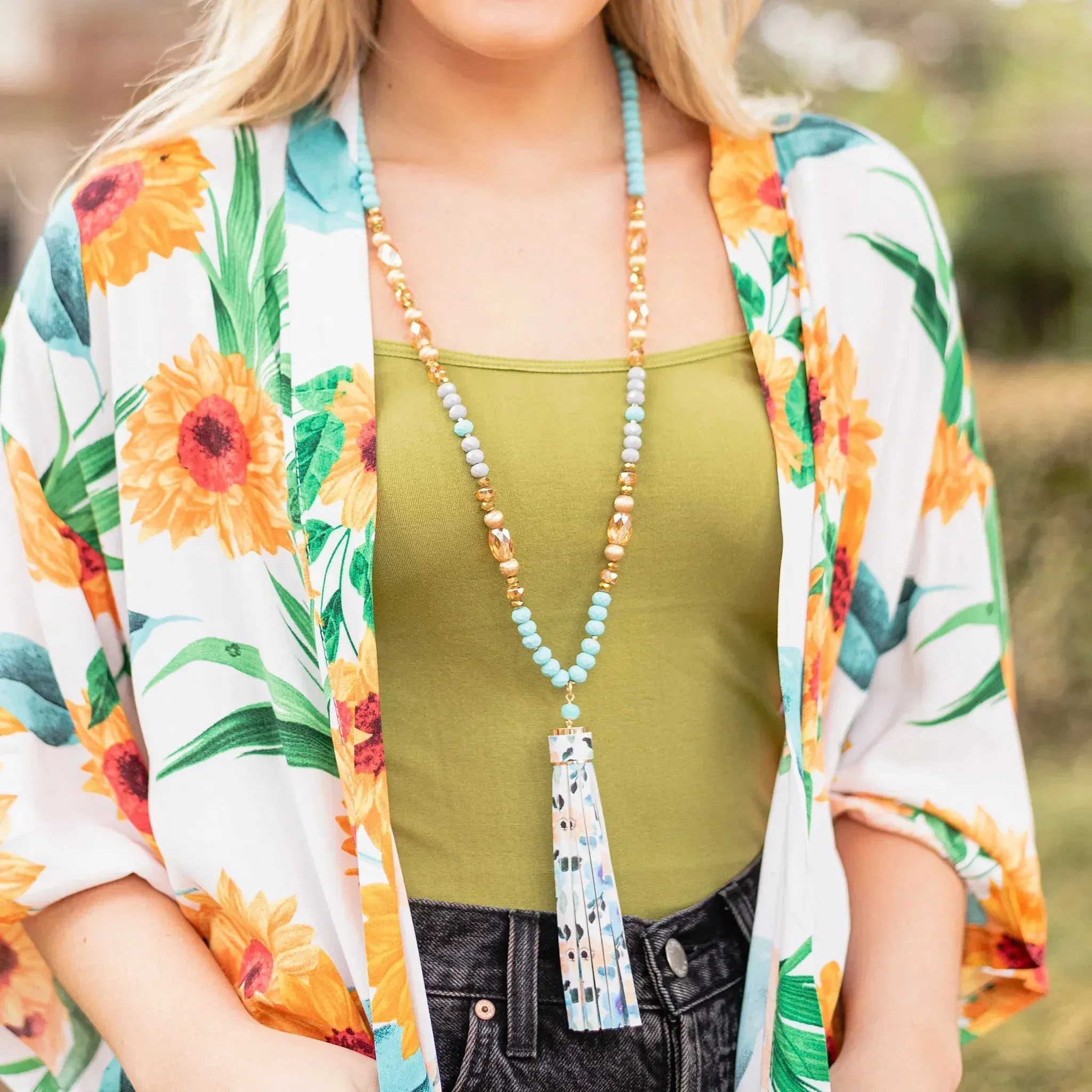 Turquoise & gold crystal necklace with floral tassel