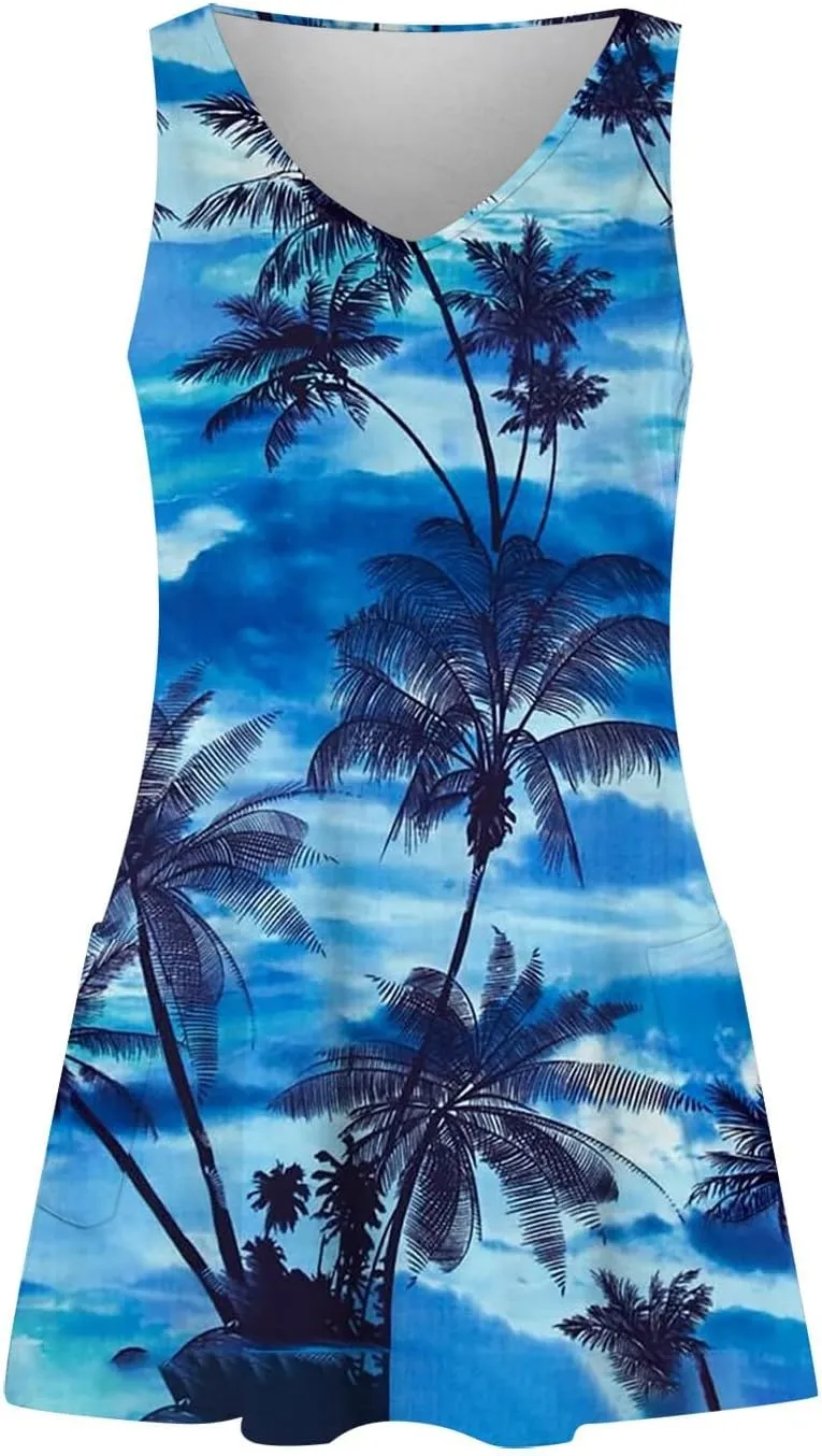 Vacation Dresses for Women 2024 Printed Dress Loose Sleeveless T-Shirts Dress Beach Boho Sundress with Pockets