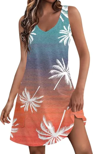 Vacation Dresses for Women 2024 Printed Dress Loose Sleeveless T-Shirts Dress Beach Boho Sundress with Pockets