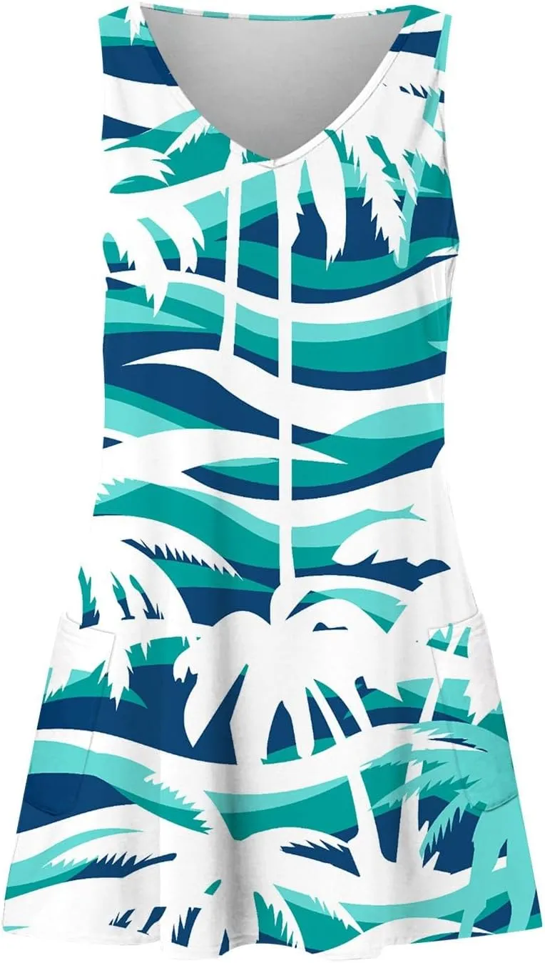 Vacation Dresses for Women 2024 Printed Dress Loose Sleeveless T-Shirts Dress Beach Boho Sundress with Pockets