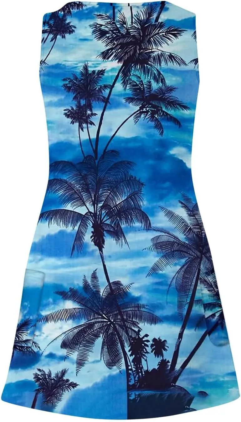 Vacation Dresses for Women 2024 Printed Dress Loose Sleeveless T-Shirts Dress Beach Boho Sundress with Pockets