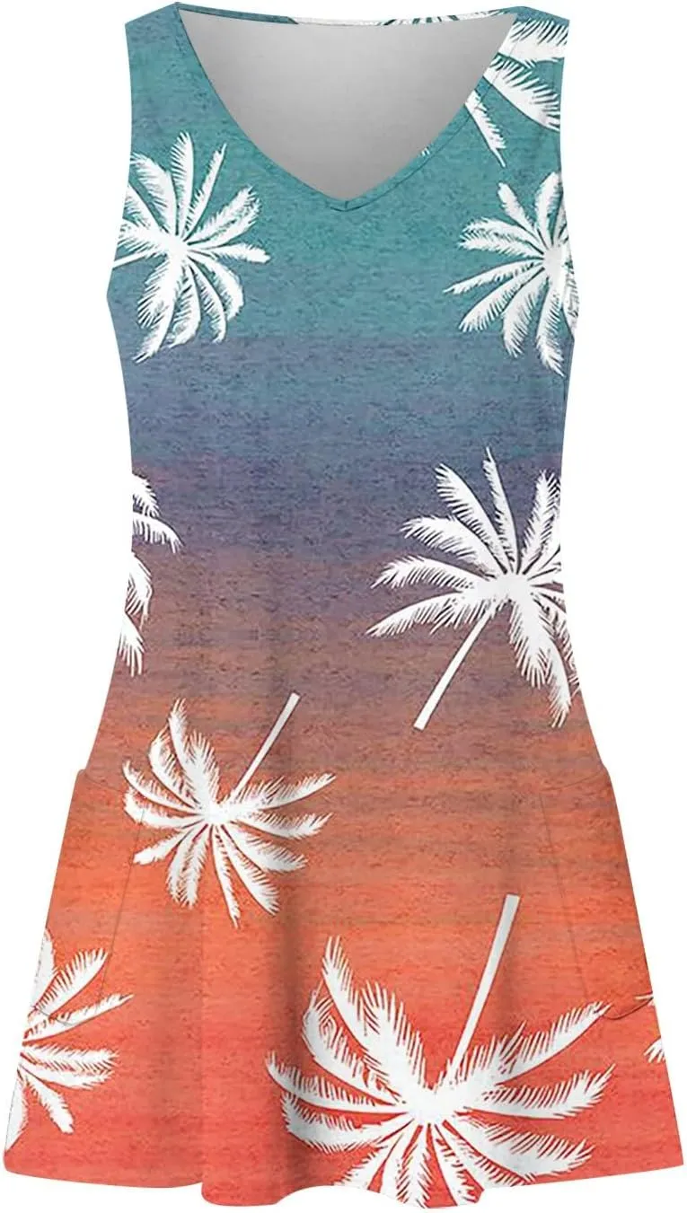 Vacation Dresses for Women 2024 Printed Dress Loose Sleeveless T-Shirts Dress Beach Boho Sundress with Pockets