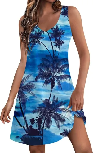 Vacation Dresses for Women 2024 Printed Dress Loose Sleeveless T-Shirts Dress Beach Boho Sundress with Pockets
