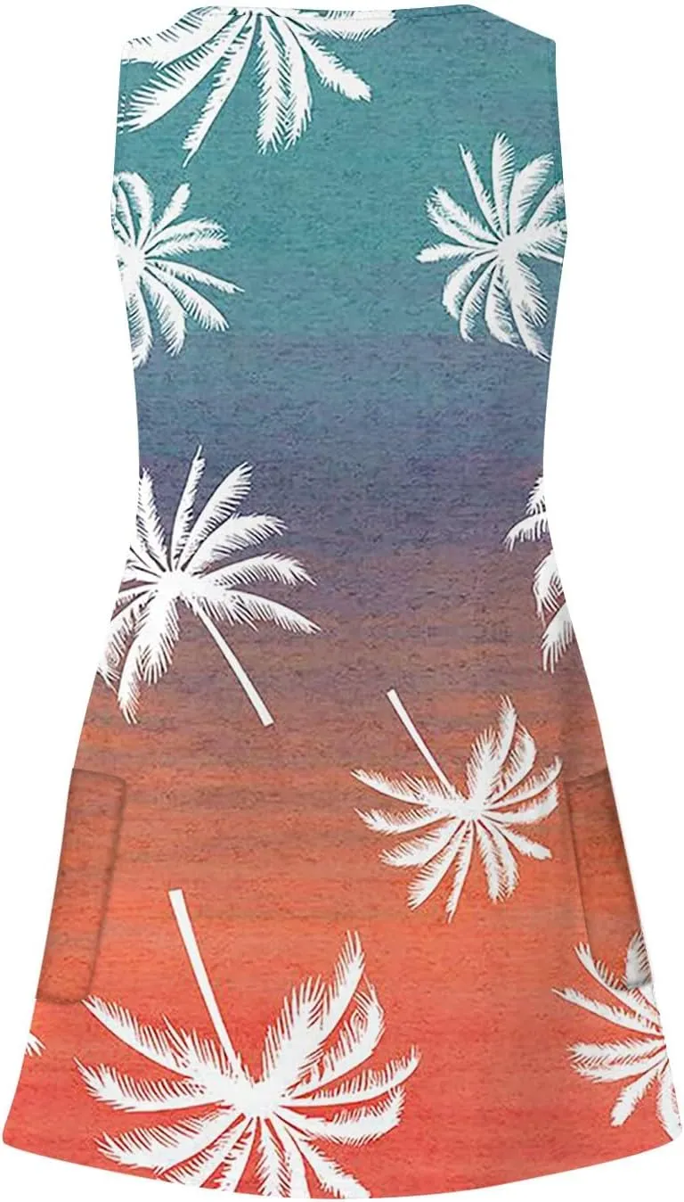 Vacation Dresses for Women 2024 Printed Dress Loose Sleeveless T-Shirts Dress Beach Boho Sundress with Pockets