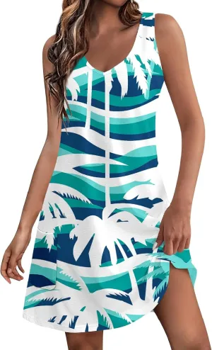 Vacation Dresses for Women 2024 Printed Dress Loose Sleeveless T-Shirts Dress Beach Boho Sundress with Pockets