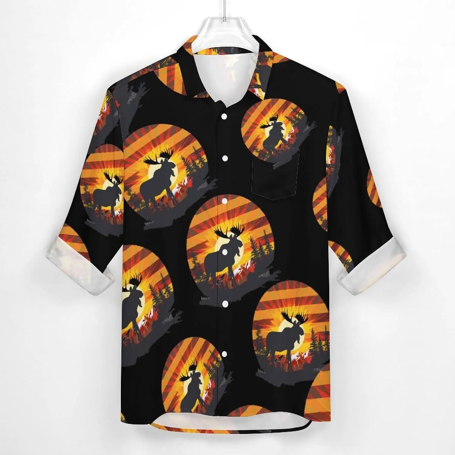 Vintage Moose Sunset Men's Button Down Shirt Long Sleeve Tops Casual Lapel Dress Shirt with Pocket