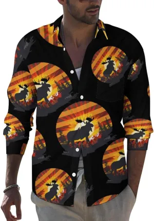 Vintage Moose Sunset Men's Button Down Shirt Long Sleeve Tops Casual Lapel Dress Shirt with Pocket