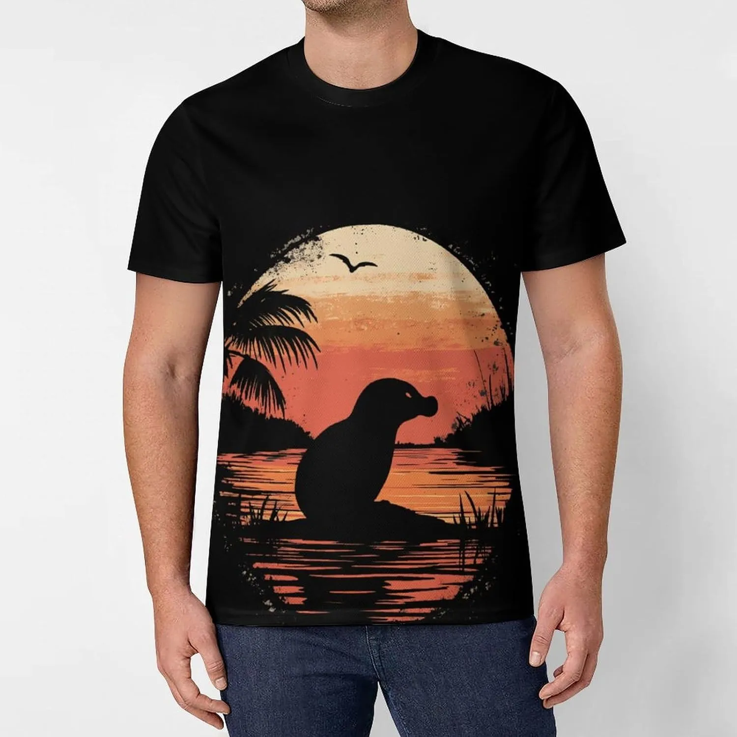 Vintage Platy-Pus Sunset Silhouette Men's T-Shirt Short Sleeve T-Shirts Casual Tops Ice Silk Tees