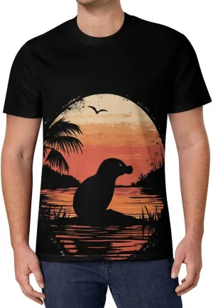 Vintage Platy-Pus Sunset Silhouette Men's T-Shirt Short Sleeve T-Shirts Casual Tops Ice Silk Tees