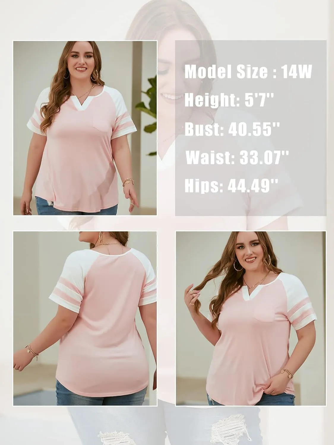 VISLILY Plus-Size Tops for Women Summer V Neck T Shirts Color Block Raglan Tees XL-4XL