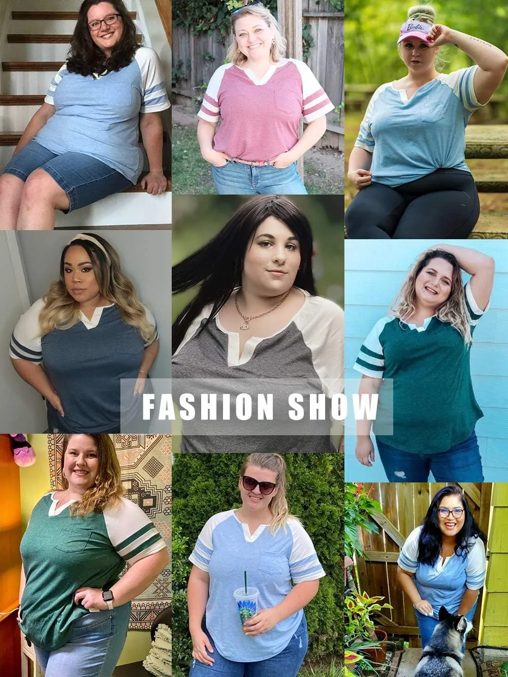 VISLILY Plus-Size Tops for Women Summer V Neck T Shirts Color Block Raglan Tees XL-4XL