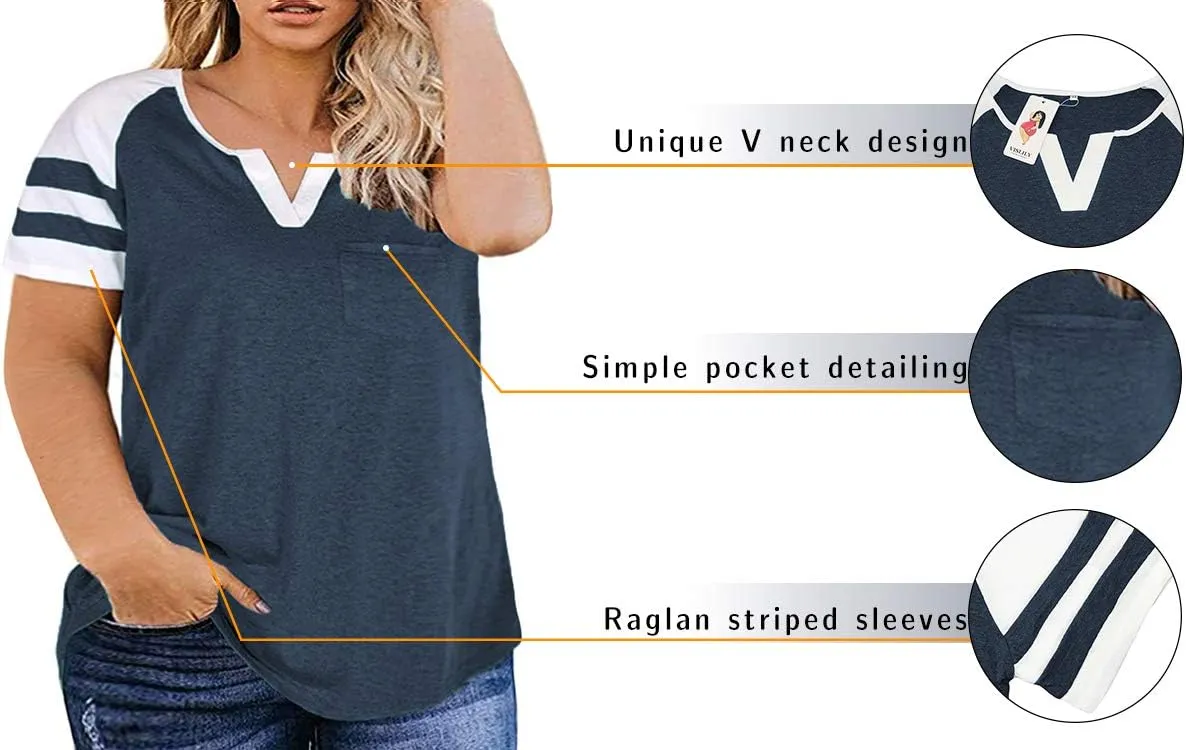 VISLILY Plus-Size Tops for Women Summer V Neck T Shirts Color Block Raglan Tees XL-4XL