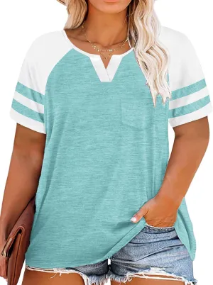VISLILY Plus-Size Tops for Women Summer V Neck T Shirts Color Block Raglan Tees XL-4XL