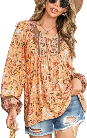 Vogebund Women's Floral Boho Tunic Tops Casual Long Sleeve Loose Beach Blouses Self-Tie V Neck T Shirts