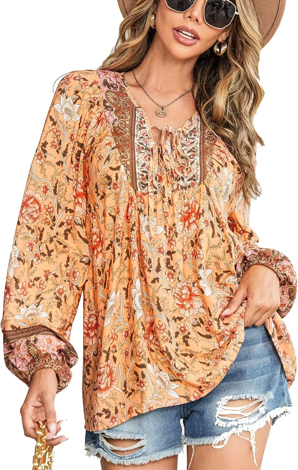 Vogebund Women's Floral Boho Tunic Tops Casual Long Sleeve Loose Beach Blouses Self-Tie V Neck T Shirts