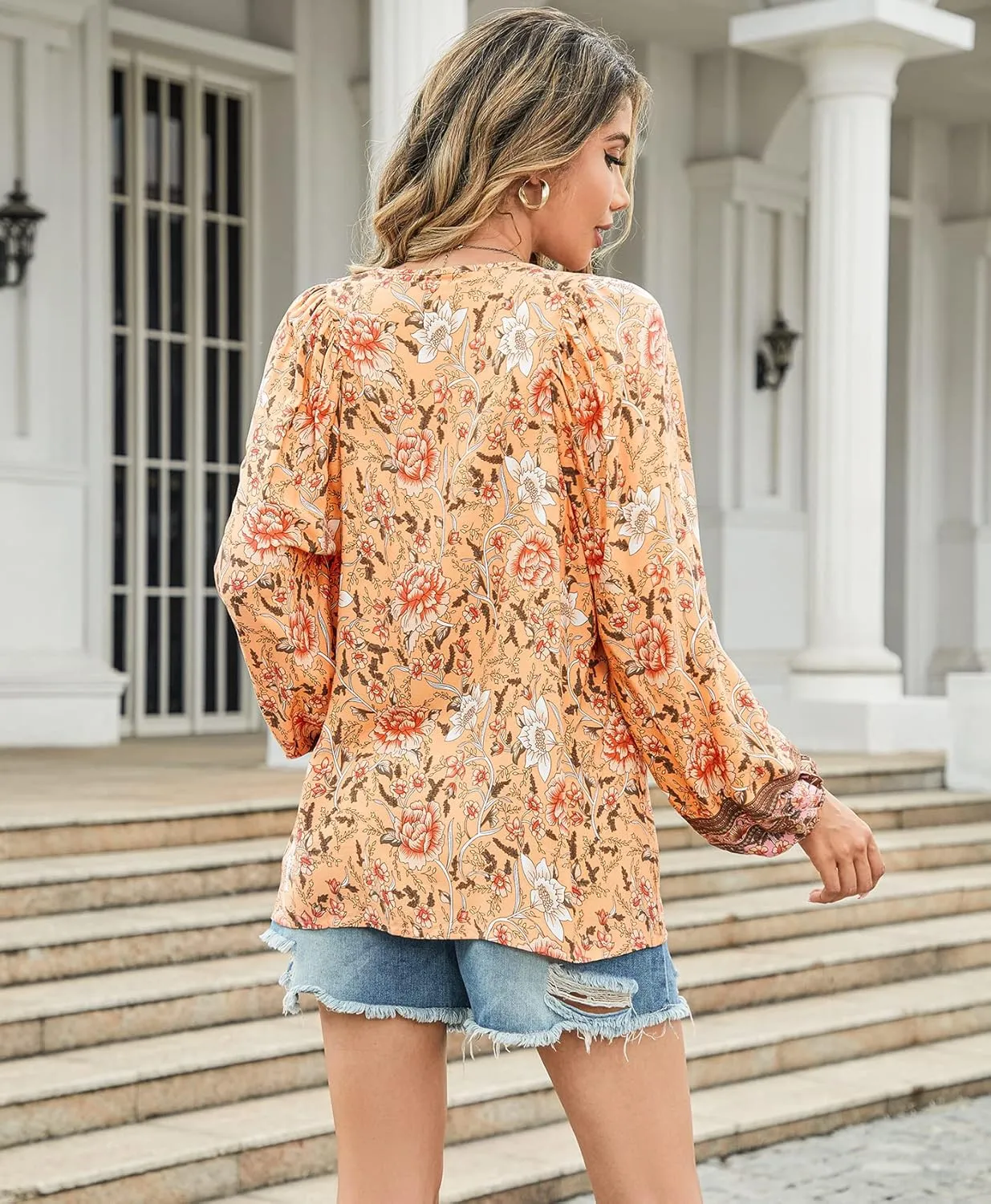 Vogebund Women's Floral Boho Tunic Tops Casual Long Sleeve Loose Beach Blouses Self-Tie V Neck T Shirts