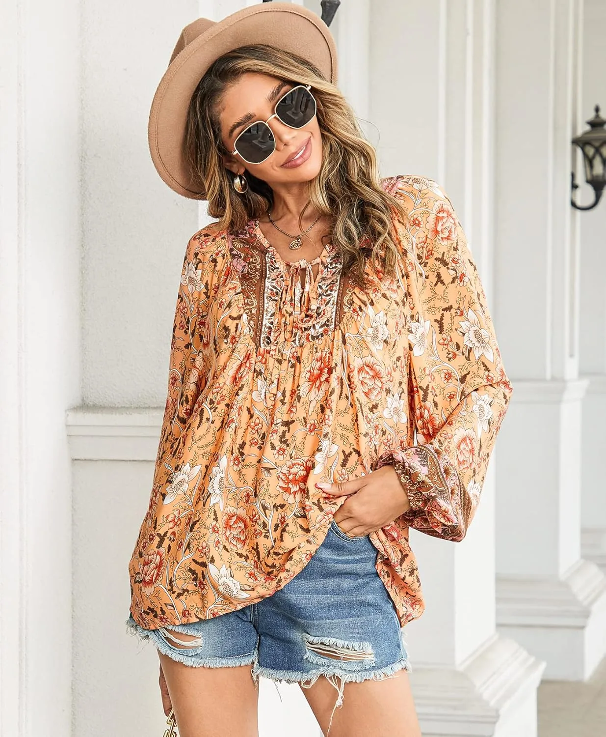 Vogebund Women's Floral Boho Tunic Tops Casual Long Sleeve Loose Beach Blouses Self-Tie V Neck T Shirts