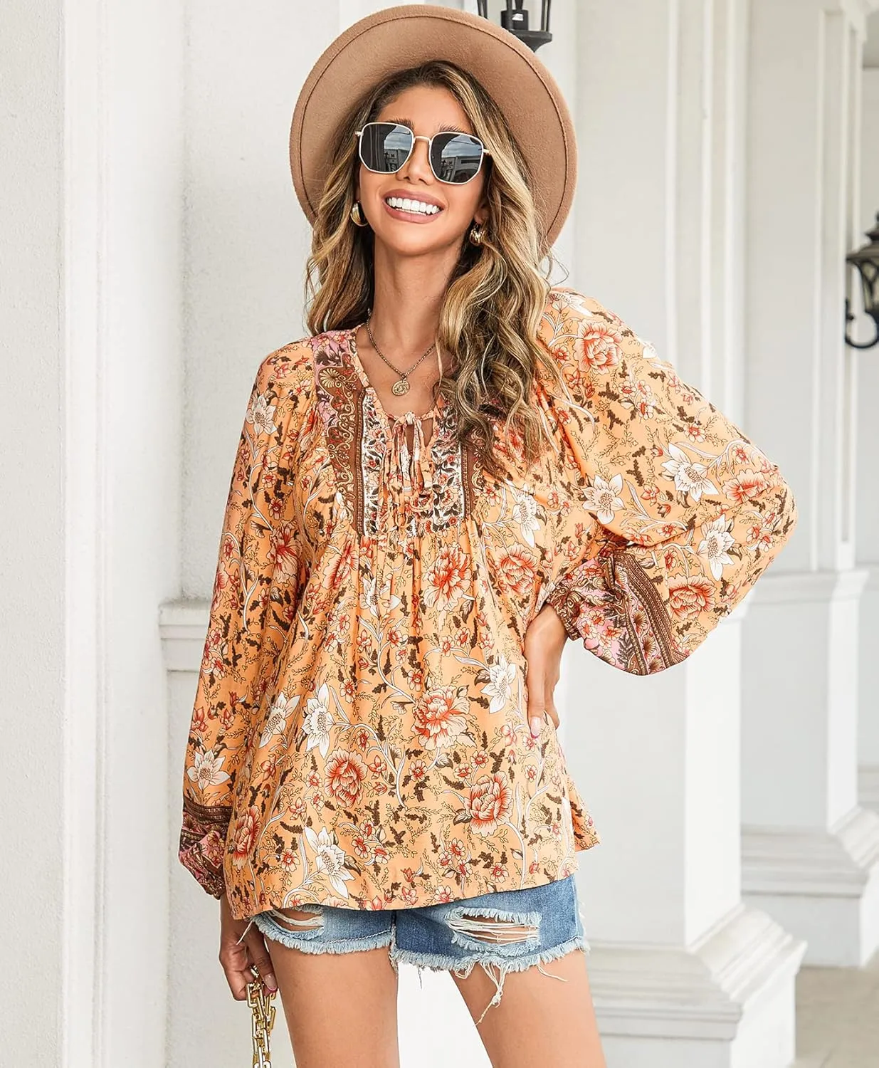 Vogebund Women's Floral Boho Tunic Tops Casual Long Sleeve Loose Beach Blouses Self-Tie V Neck T Shirts