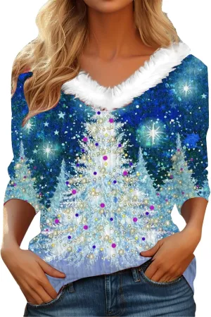 Waffle Knit Christmas Sweaters for Women Faux Fur Trim Pullover Holiday Hoodie Hooded Oversized Sweatshirt Tunic Tops