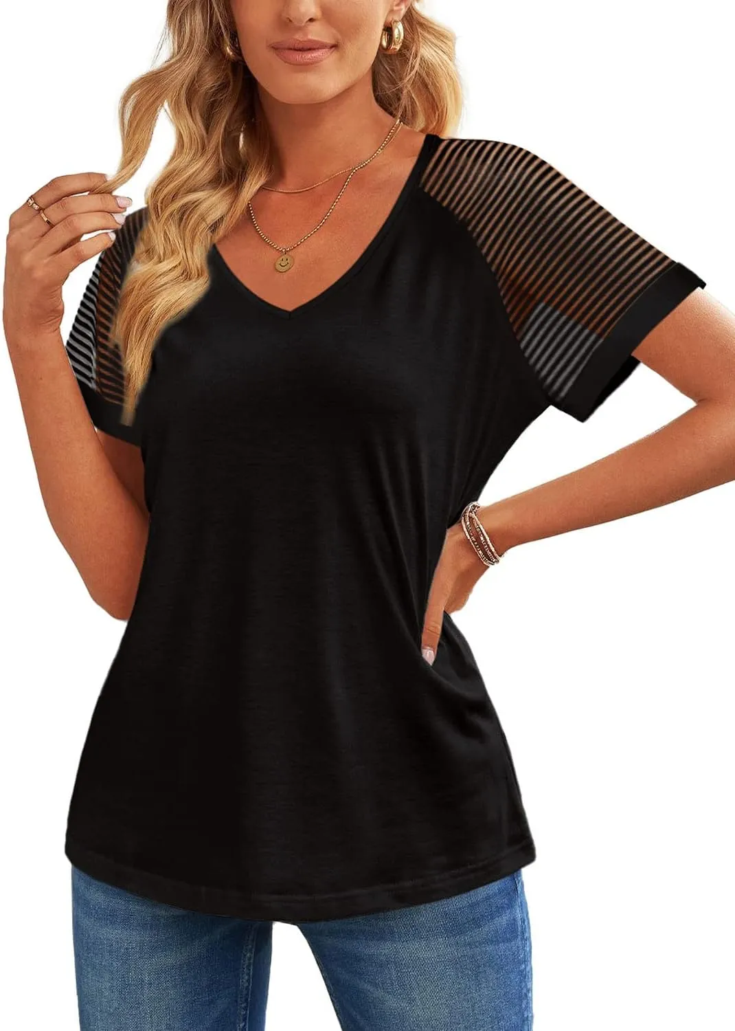 WEESO Casual T Shirts for Women V Neck Mesh Short Sleeve Summer Tops Loose Fit Dressy