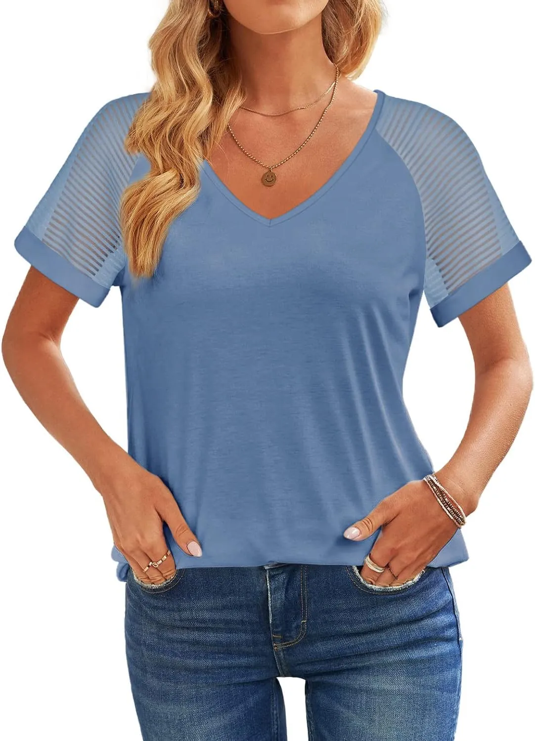 WEESO Casual T Shirts for Women V Neck Mesh Short Sleeve Summer Tops Loose Fit Dressy